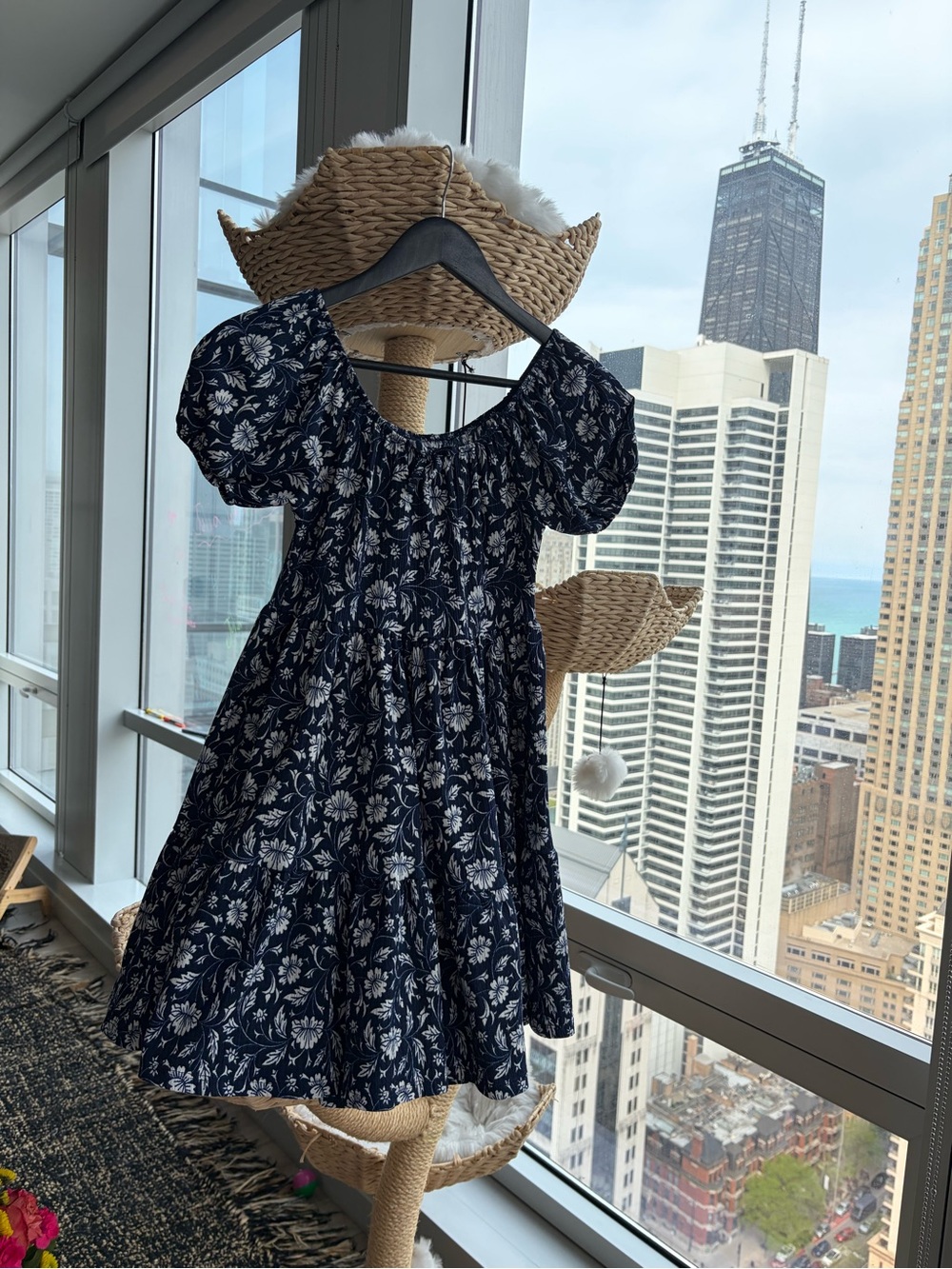 Zara Navy and White Floral Puff-Sleeve Kids Dress